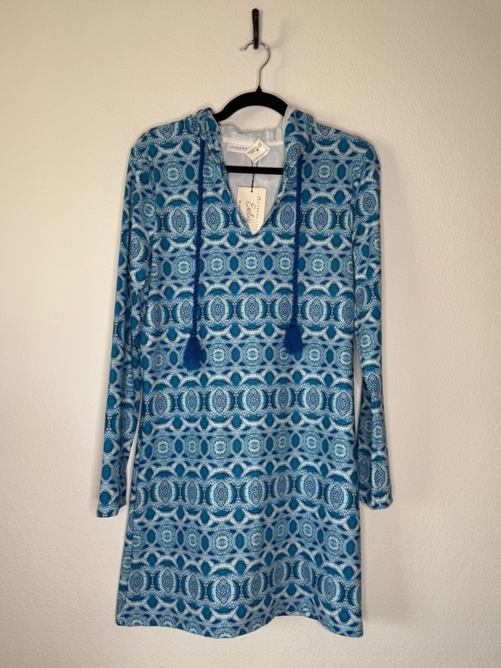 Cabana Life Road Map Hooded UPF 50 Coverup Blue White Tassel Tie NWT Size S